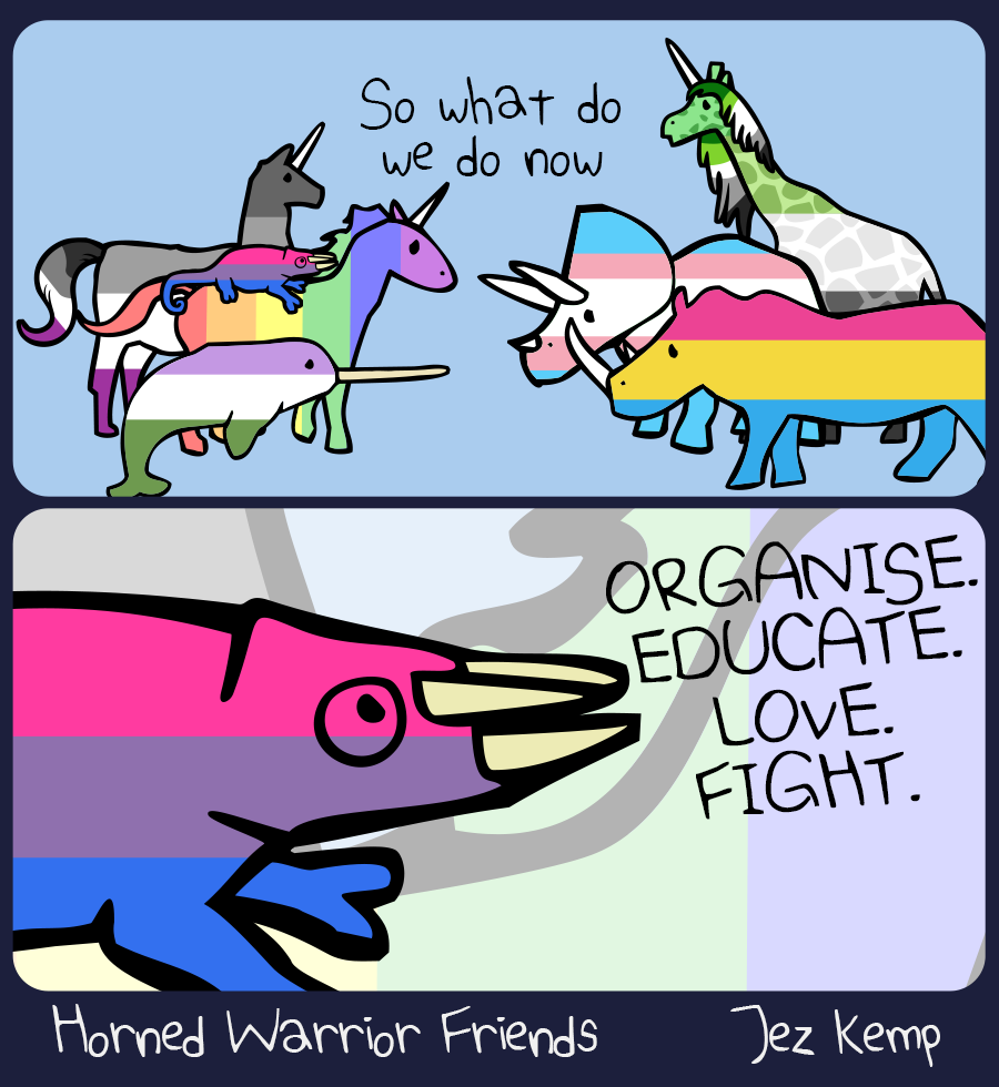 Panel 1 of 2: The Horned Warrior Friends and friends are looking sad, each wearing a different pride flag: Asexual Llamacorn, Bisexual Chameleon, Rainbow Unicorn, Genderqueer Narwhal, Transgender Triceratops, Aromantic Girafficorn, Pansexual Rhinoceros. They say: "So what do we do now"
		Panel 2 of 2: Zoomed in on Bisexual Chameleon's determined face. Chameleon says "ORGANISE. EDUCATE. LOVE. FIGHT."